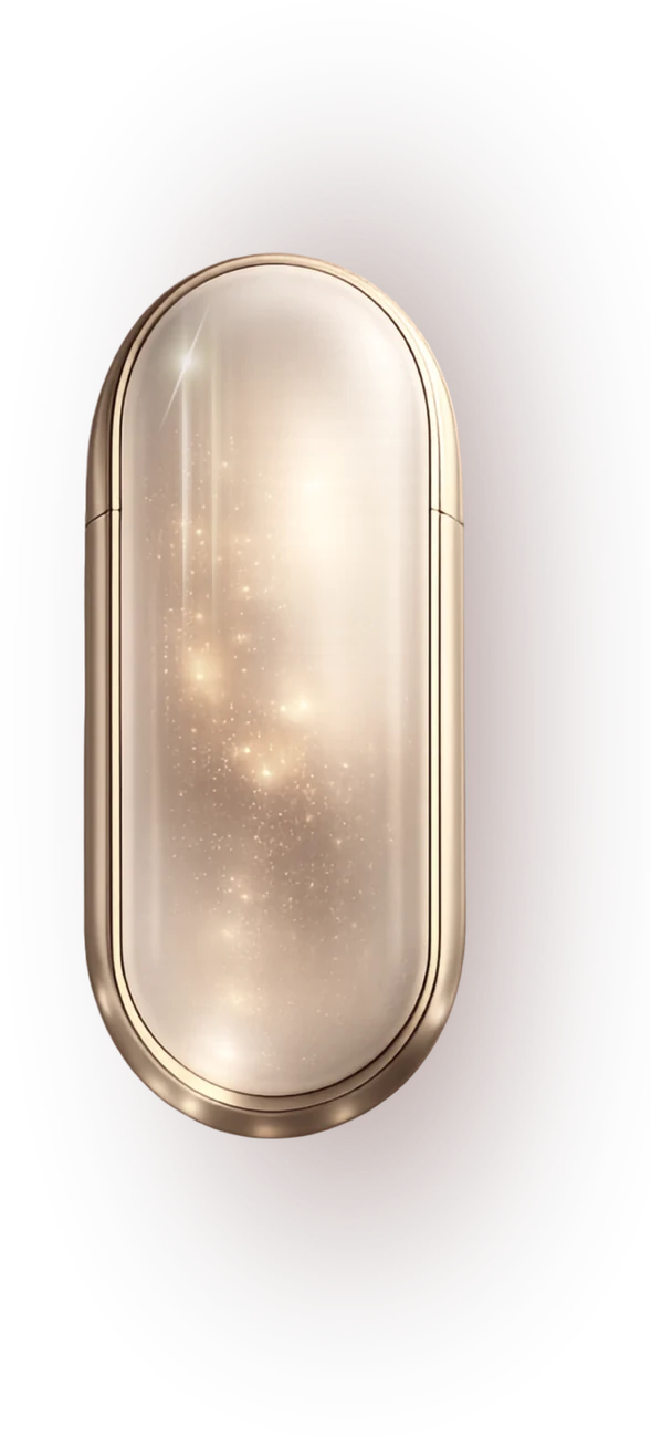 The INHERIT capsule — a frosted glass vessel holding points of light